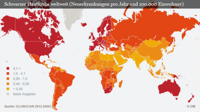 Rasprostranjenost crnog raka kože u svetu (novooboleli godišnje na 100.000 stanovnika)